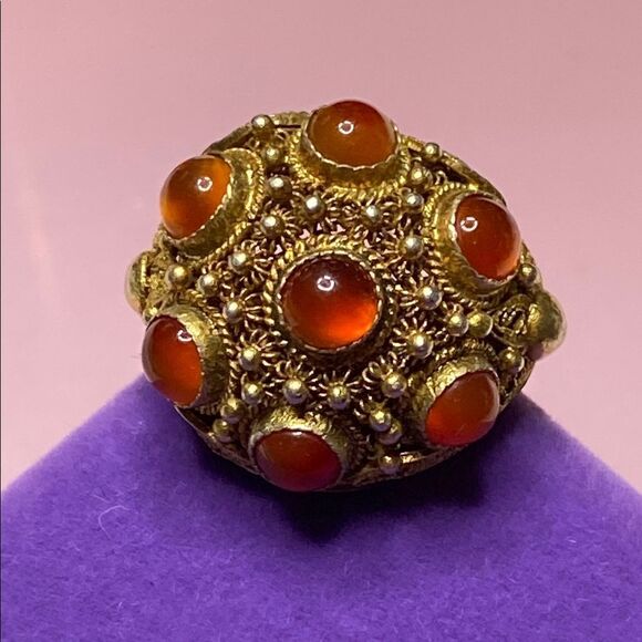 💛 Antique Chinese Sterling Silver Gilt Carnelian w/ Filigree Ring - Picture 1 of 8